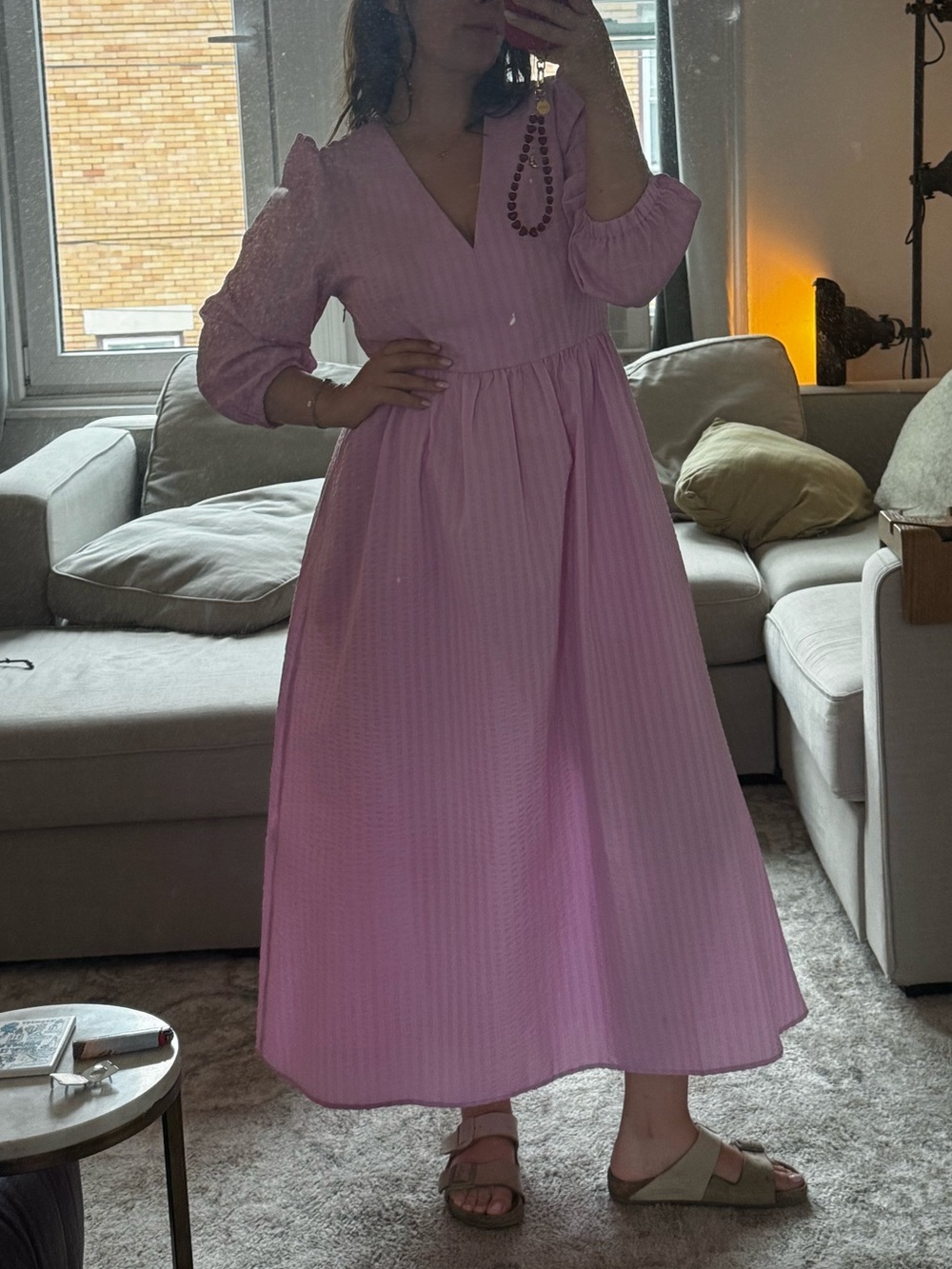 Soft V-Neck Fuchsia Maxi Dress with Puff Sleeves